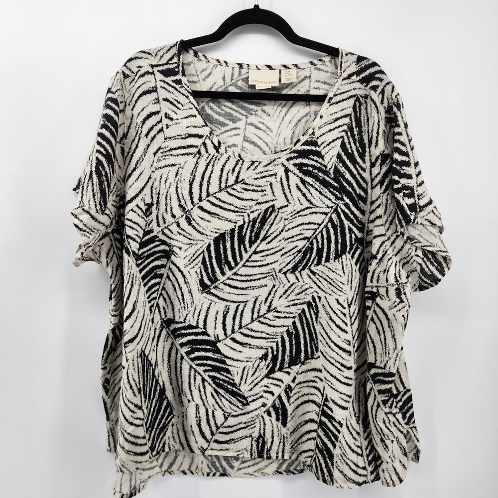 Cynthia Rowley 3X Blouse Black Beige Leaf Print Short Sleeve Linen Top